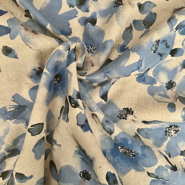 Hokkoh Painterly Flowers Linen Cotton fabric Blues