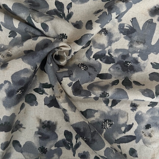 Hokkoh Painterly Flowers Linen Cotton fabric Greys