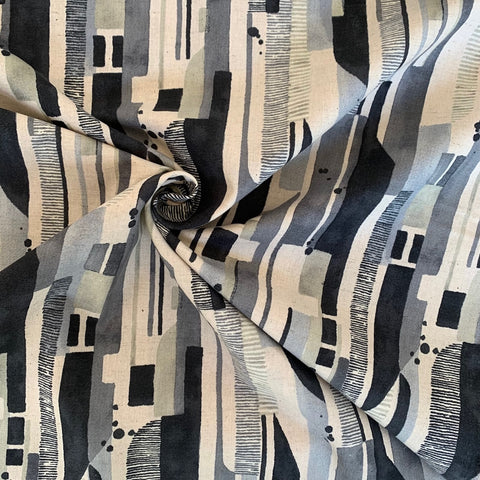 Kokka Abstract Stripes Cotton Linen Fabric Grey Natural