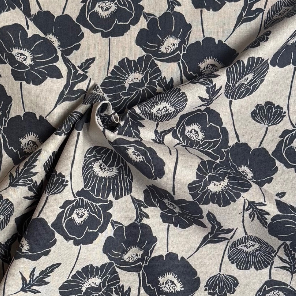 Kokka Poppy Cotton Linen Fabric in Navy & Grey