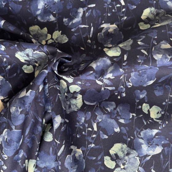 Kokka Watercolour Floral Cotton Linen Fabric Blues on Dk Navy