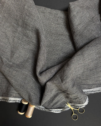 Alghero Checked Washed Linen Fabric in Black & Cream