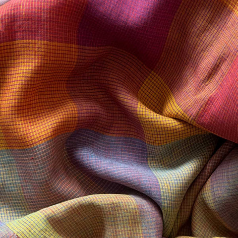 Cefalu Checked Washed Linen Fabric in Bright Rainbow Colours