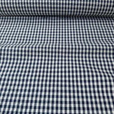 Cotton Textured Seersucker Gingham Fabric Navy and White