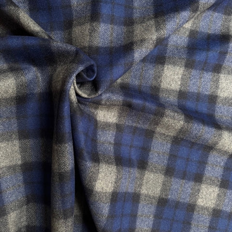 Deadstock Designer Wool Check Coating Fabric Royal Blue and Grey