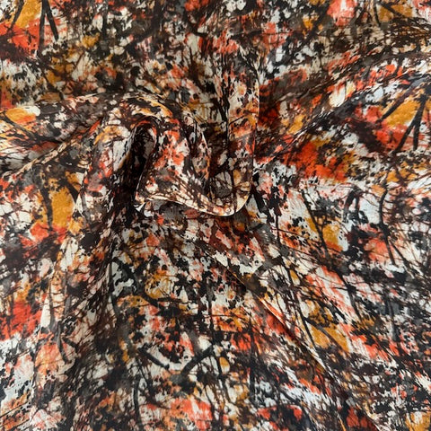 Deadstock Designer Abstract Print Silk Chiffon Fabric Orange.