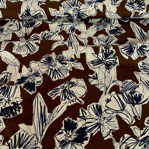 Hokkoh Sketched Flowers Cotton Lawn Fabric Brown