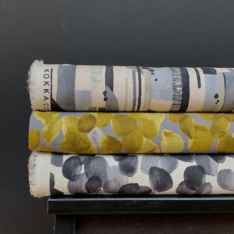 KOKKA • Brushstroke Dots Cotton Linen Fabric • Chartreuse on Grey • NEW