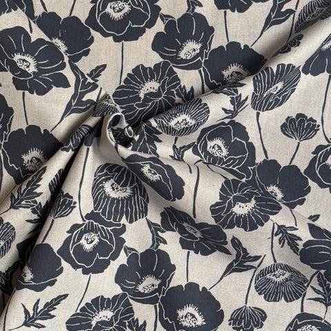 Kokka Poppy Cotton Linen Fabric in Navy & Grey