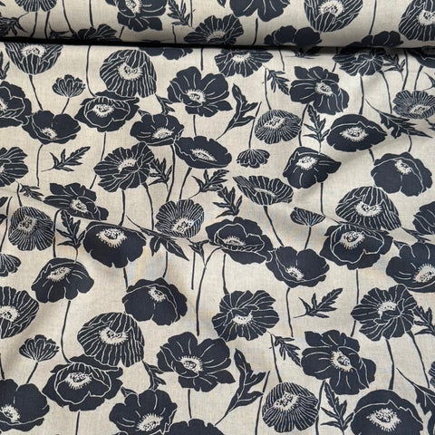 Kokka Poppy Cotton Linen Fabric in Navy & Grey
