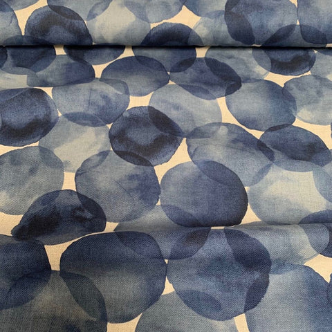 Kokka Watercolour Bubble Linen Cotton Fabric Blue on Natural