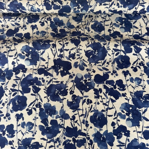 Kokka Watercolour Floral Cotton Linen Fabric Blues on Cream