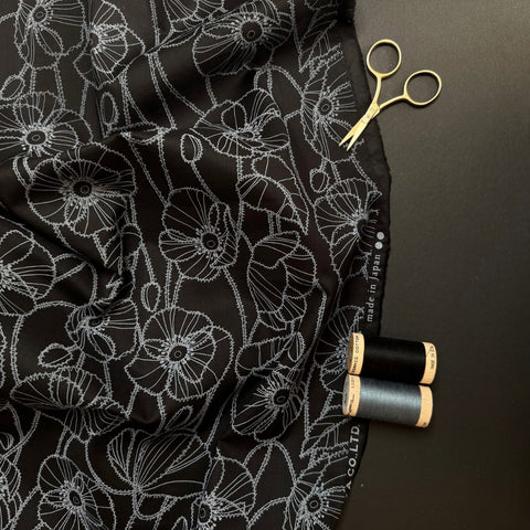 Kokka Sketched Poppy Cotton Lawn Fabric Black