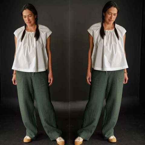 Merchant and Mills 101 Trousers Sewing Pattern made in 185 Garden Slate Laundered Linen