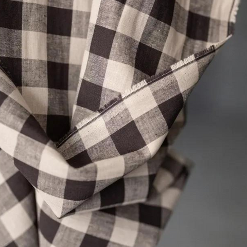 Merchant and Mills Liquorice Gingham Check Cotton Linen Fabric Brown & Oatmeal
