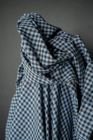 Merchant and Mills Northern Blues Gingham Cotton Linen Fabric Blue & Brown