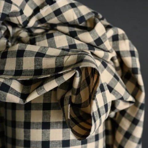 Merchant and Mills Piper Gingham Check Cotton Linen Fabric Black & Pale Tan