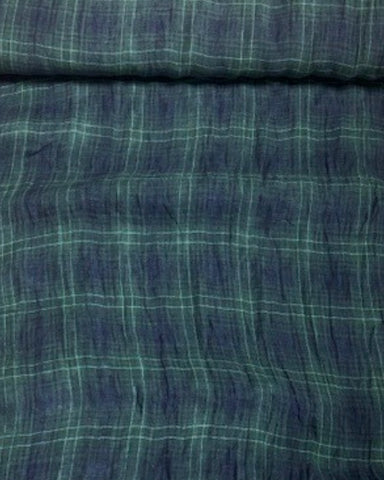 Ragusa Checked Washed Linen Fabric in Green & Aqua