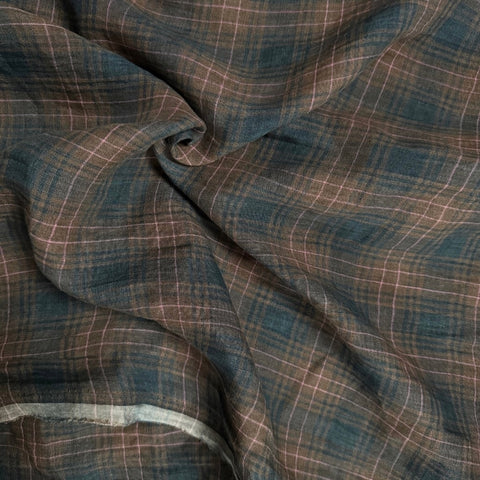 Tessuti Ragusa Checked Washed Linen Fabric in Brown and Pink
