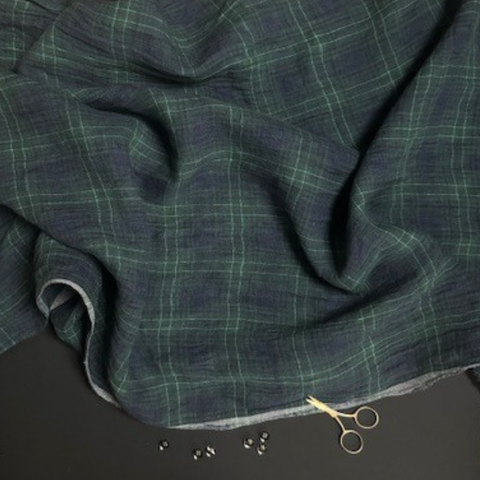 Ragusa Checked Washed Linen Fabric in Green & Aqua
