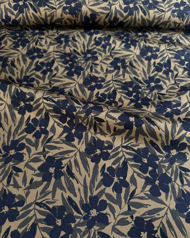Sevenberry Clem Floral Cotton Poplin Fabric in Navy and Tan 