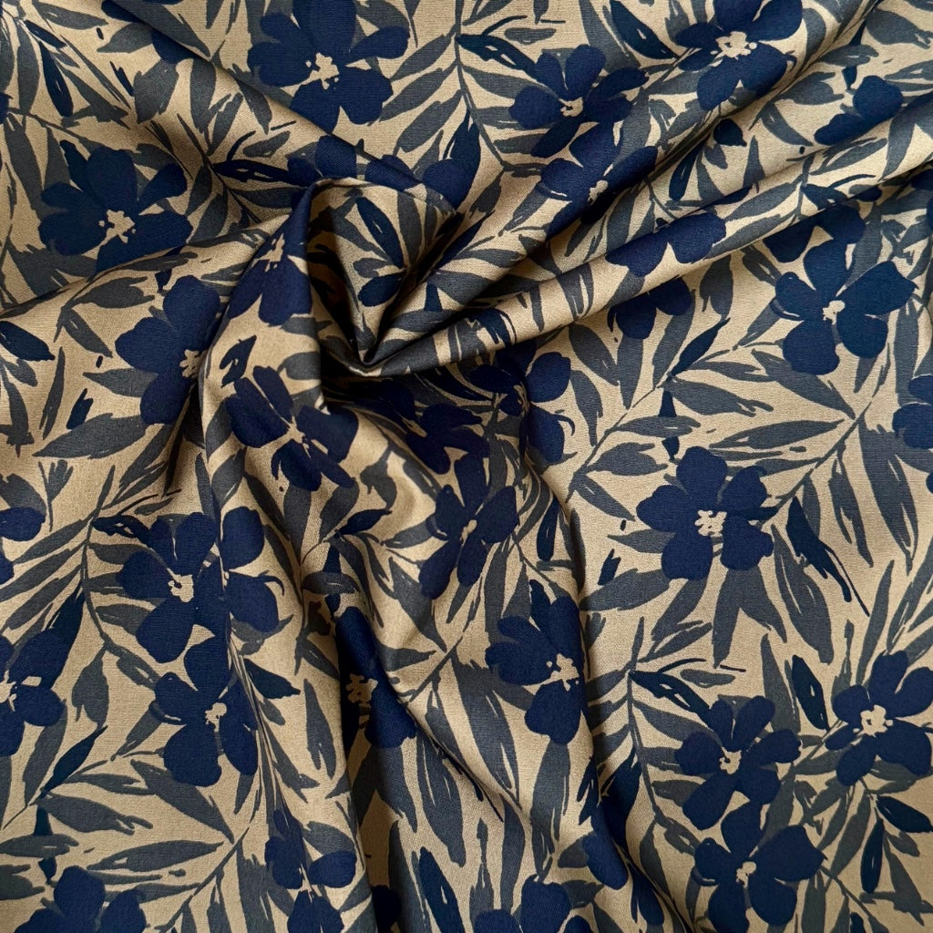 Sevenberry Clem Floral Cotton Poplin Fabric in Navy and Tan 