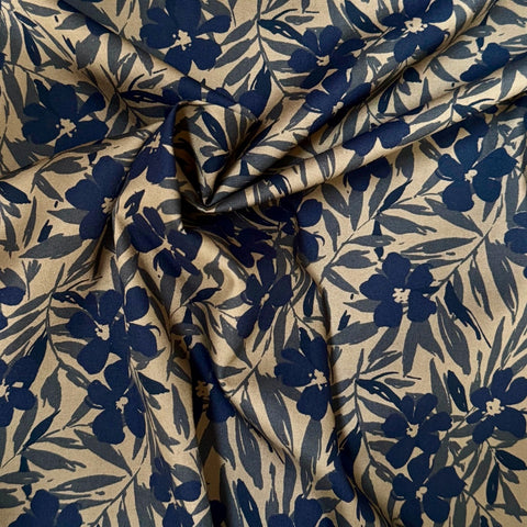 Sevenberry Clem Floral Cotton Poplin Fabric in Navy and Tan 