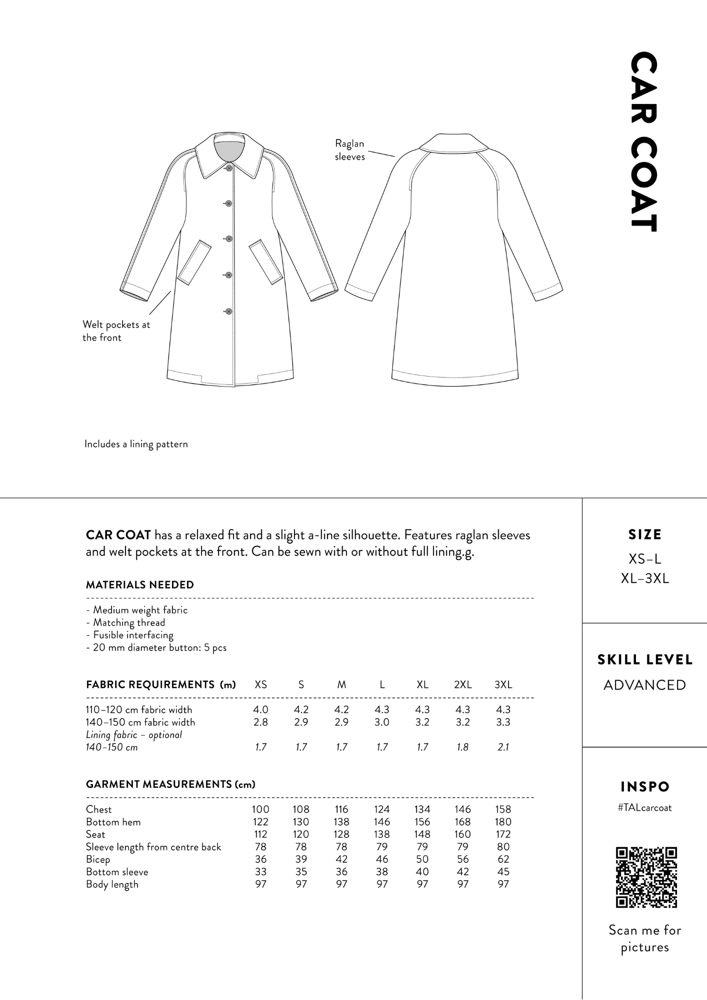 THE ASSEMBLY LINE • Car Coat Sewing Pattern (XL 3XL) The Draper's