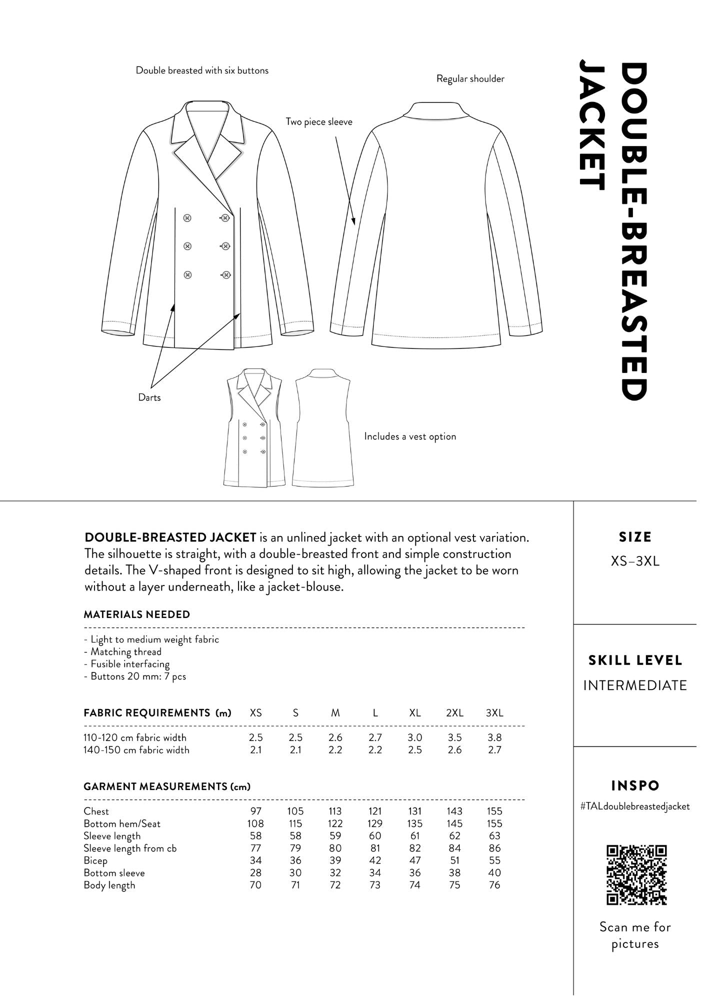 Assembly Line Jacket Pattern THE ASSEMBLY LINE • Double Breasted Jacket Sewing Pattern (XS - 3XL ...